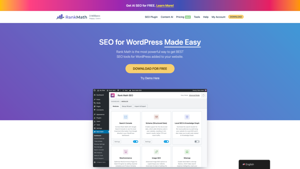 a screenshot of the rankmath homepage