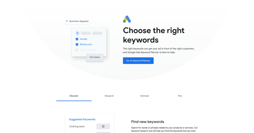 a screenshot of the google keyword homepage