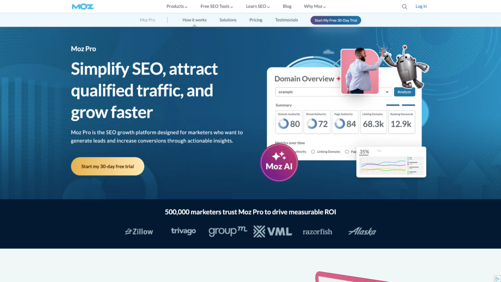 a screenshot of the Moz Pro homepage
