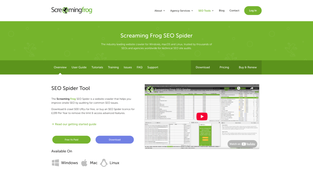 a screenshot of teh screaming frog homepage