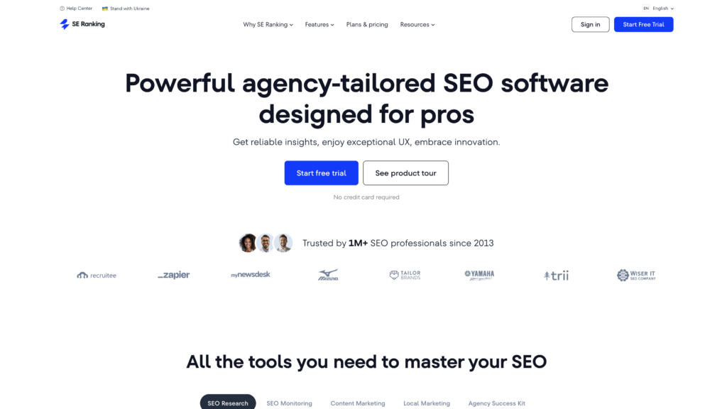 a screenshot of the SE Ranking homepage