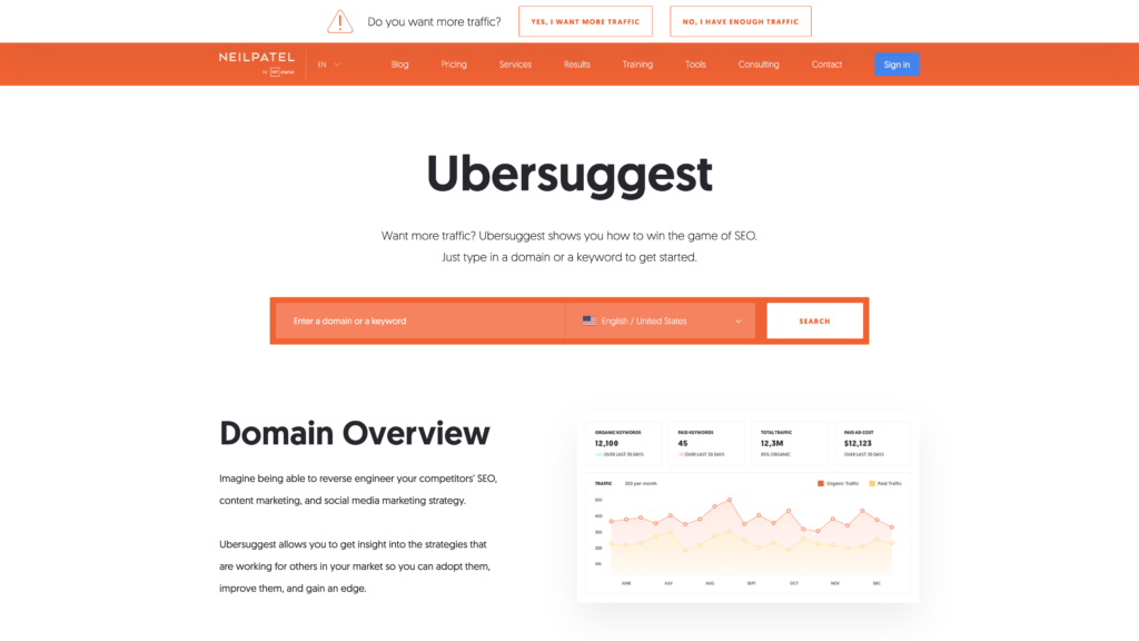 a screenshot of Ubber Suggest homepage