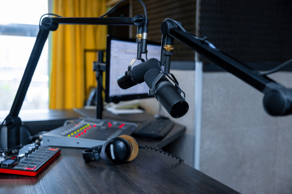 Close up of recording equipment at the recording studio photo