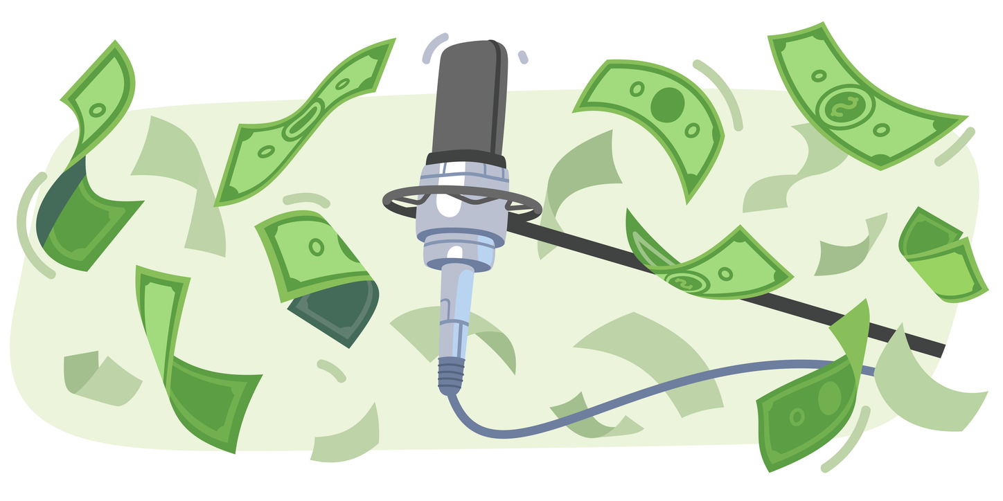 a microphone with money flying around it