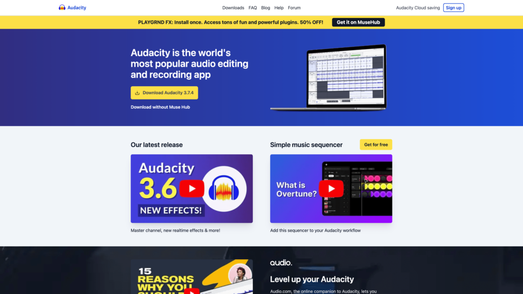 a screenshot of the Audacity Homepage