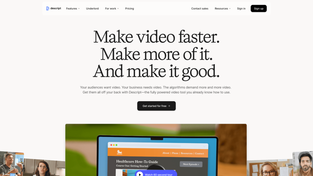 a screenshot of the descript homepage