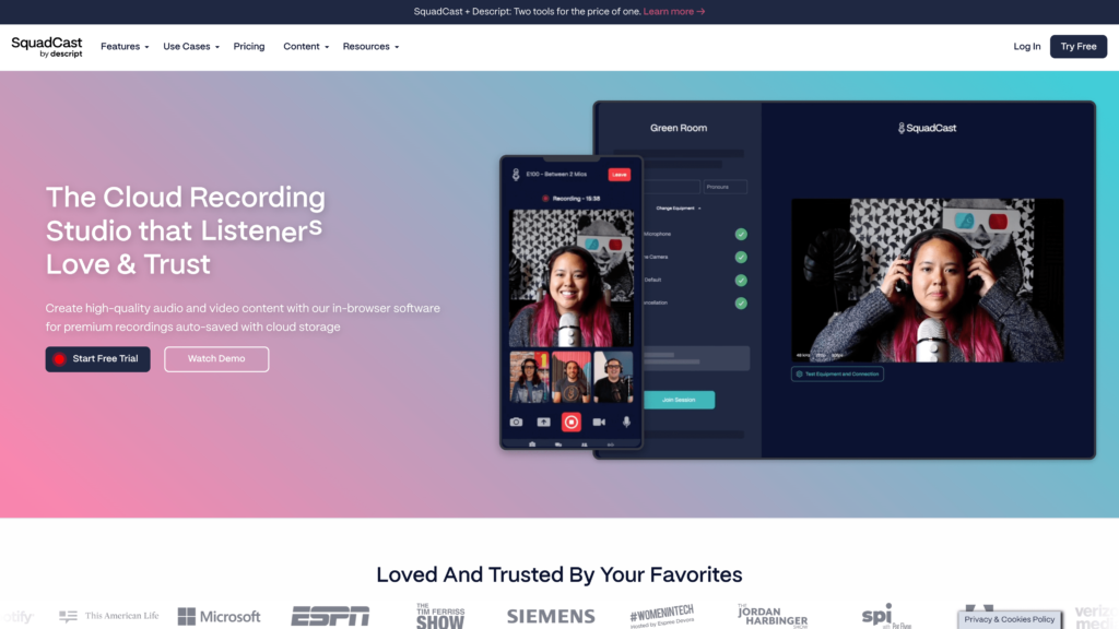 a screenshot of the squadcast homepage