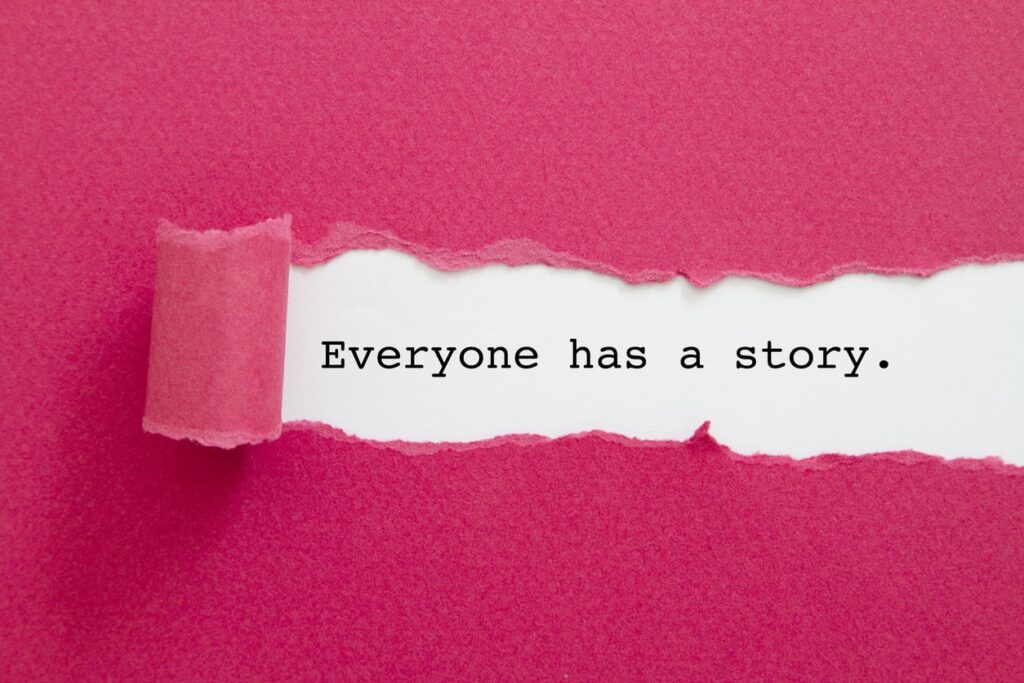 a graphic illustration of the words everyone has a story