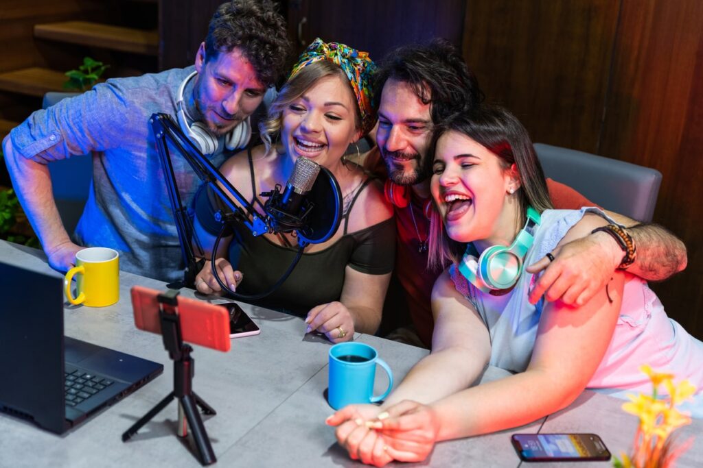 A picture of happy group friends sharing content on streaming platform