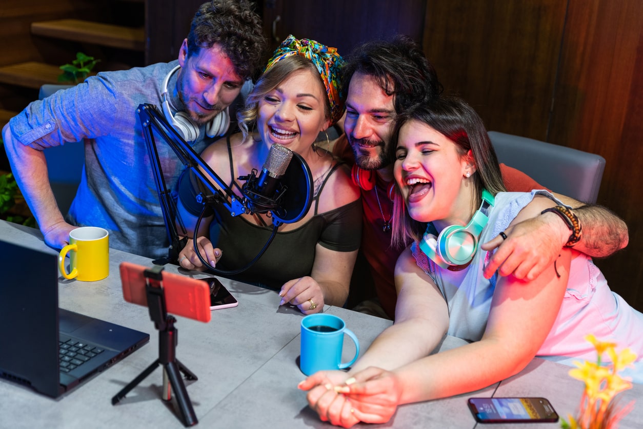 A picture of happy group friends sharing content on streaming platform