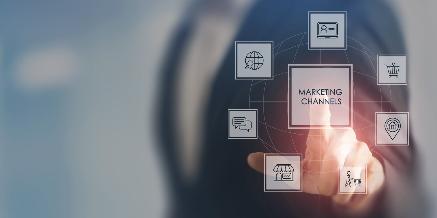 a graphic illustration of a finger pointing marketing channels tab
